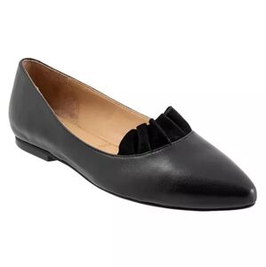 NWB Trotters Elsie Black Leather With Ruffle Flat Size 8.5 Wide‎